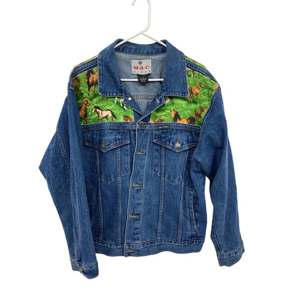 Mac Sport Denim Jacket Horses Western Button Down with Pockets Back Print Sz M - Picture 1 of 7